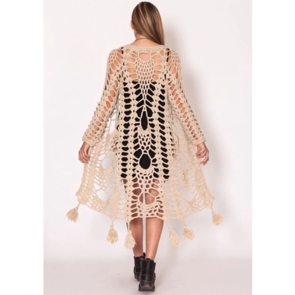 SOLD OUT Khaki Bohemian Hand Knit Tassel Open Crochet Knit Cardigan Sweater - Picture 1 of 7